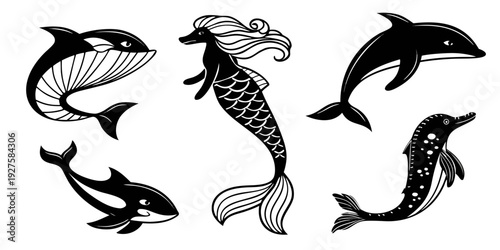 Five different types of marine mammals swimming in the ocean. Vector