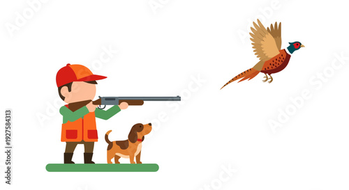 Hunter shooting pheasant, vector illustration, cartoon style graphic for hunting and outdoor activities