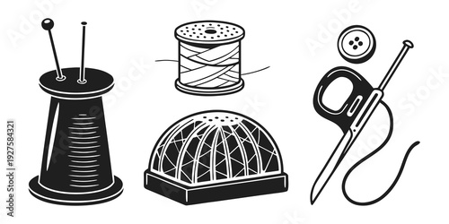 Assorted sewing tools including a spool of thread, a thimble, and a pair of scissors Vector