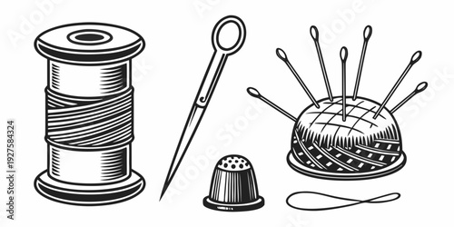 A variety of sewing tools including thread, needles, and thimble arranged neatly Vector