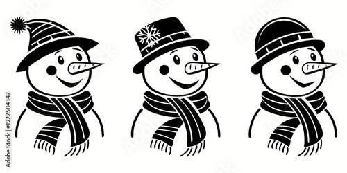 Three cheerful snowmen with hats and scarves standing in a row Vector