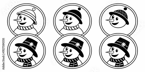 A collection of six distinct facial expressions depicted in circular frames. Vector