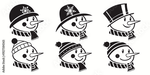Five cheerful snowmen with different hats and scarves in a row Vector
