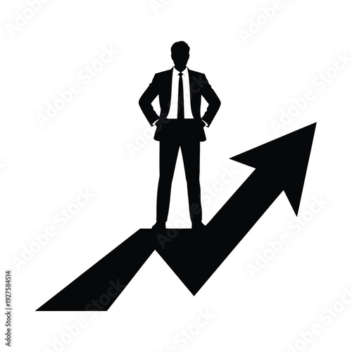 Silhouette of a businessman standing on an upward pointing arrow