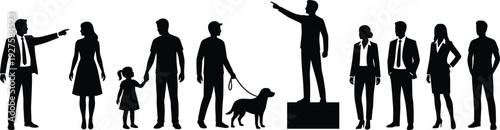 Set of diverse human silhouettes showing family, professionals, leader pointing, people with dog, male and female figures isolated on white background collection