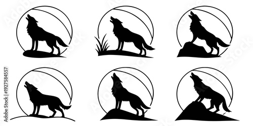 A collection of eight different howling wolf silhouettes in a grid layout Vector