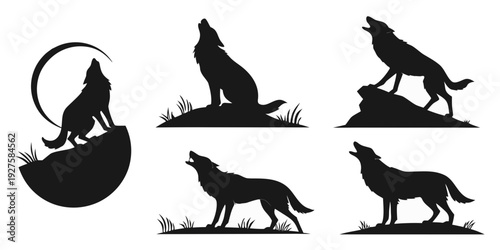 Silhouettes of wolves howling at the moon in various dynamic poses Vector