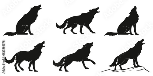 Eight distinct silhouettes of wolves in various poses and stances Vector