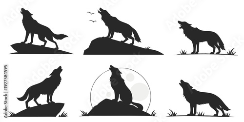 A collection of eight wolf silhouettes in various poses and positions Vector