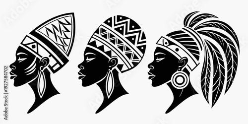 Three stylized african women's heads with intricate hairstyles and patterns Vector