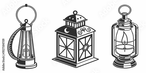 A collection of vintage lanterns showcasing different designs and structures. Vector