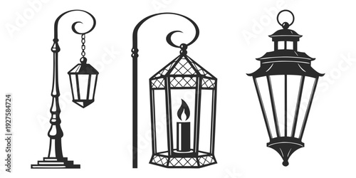 Three distinct vintage lanterns showcasing various designs and hanging mechanisms Vector