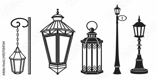 A collection of vintage street lamps and lanterns in black and white Vector