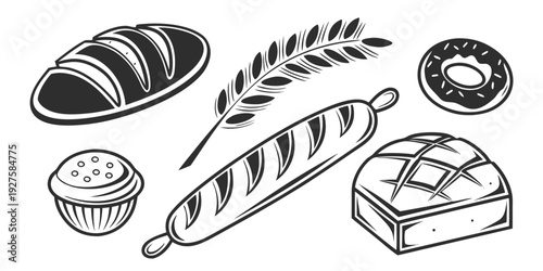 Assorted bakery items and ingredients displayed on a table Vector