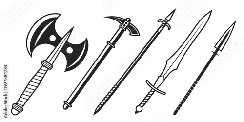 Ancient weapons displayed in a row from left to right Vector
