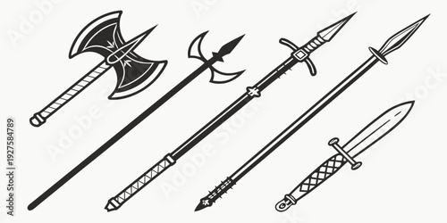 A collection of ancient weapons including spears and axes from various cultures Vector
