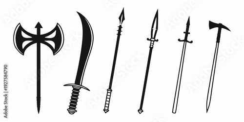 A collection of ancient and medieval weapons displayed in a row Vector