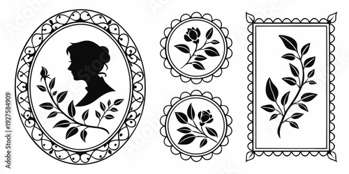 A collection of ornate frames with floral designs and silhouette portraits Vector
