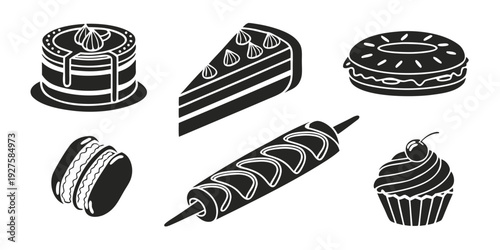 Assorted pastries and cakes displayed on a white background Vector