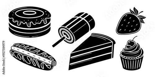 Assorted pastries and fruits displayed in a black and white illustration Vector