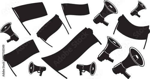 Black and white illustration of protest signs and megaphones
