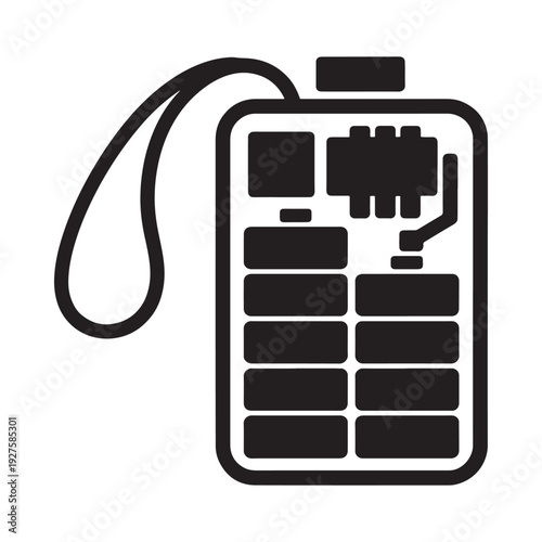 A simple black and white glyph depicting a handheld electronic game console with a lanyard high quality