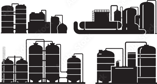 Industrial factory silhouettes with pipes and storage tanks