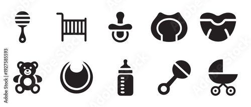 Baby Essentials Icons Set. Newborn Care Items Collection with Rattle, Crib, Pacifier, Teddy Bear, Bib, Bottle, Stroller.