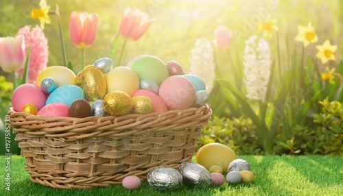 Colorful Easter Eggs and Chocolate Treats in Wicker Basket Amidst Blooming Spring Garden Flowers in Sunlight