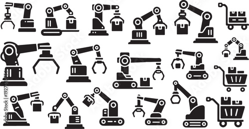 Industrial robotic arms and machinery icons in black and white