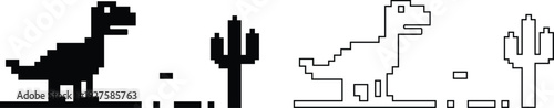 Dinosaur pixel icons set retro game style vector silhouettes and outline illustrations, prehistoric animals, desert cactus scene, isolated design element collection group