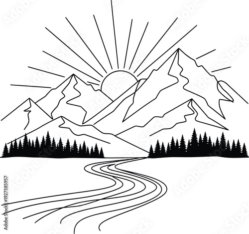 Simple black and white mountain landscape with rising sun and winding river coloring page Vector