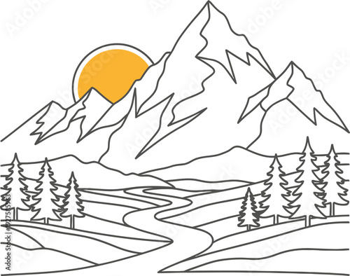 Minimalist line art illustration of a mountain landscape with a rising sun and a winding river. Vector