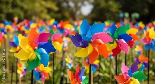 Field of colorful pinwheels spinning in the breeze on a sunny day.