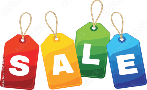 Colorful hanging price tags with sale text set, promotional labels for shopping discounts and retail marketing, vector