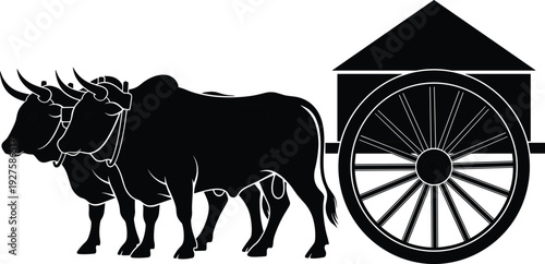 Bullock cart silhouette with oxen traditional rural transportation isolated on white background agriculture farming village vector illustration designWeb