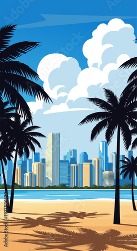 Vector Illustration of Vibrant Beach with Palm Trees and Urban Skyline in Tropical Setting