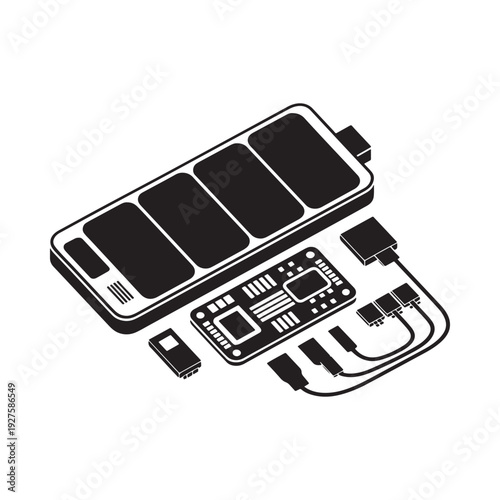 An exploded view illustration of a battery pack with integrated circuit boards and cabling high quality professional