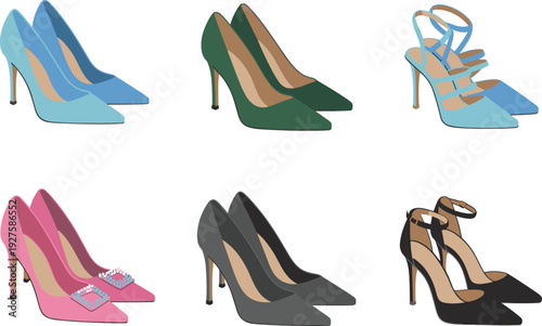 Women high heel shoes set, professional fashion footwear collection featuring pumps and elegant stiletto heels, vector