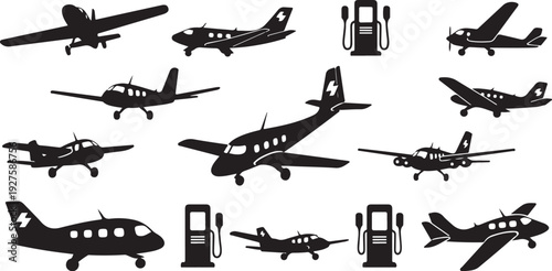 Collection of airplane silhouettes in various flight positions and styles