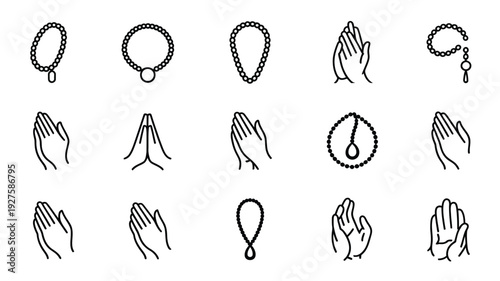 Minimalist vector illustration of praying hands and rosary beads in various positions on white background