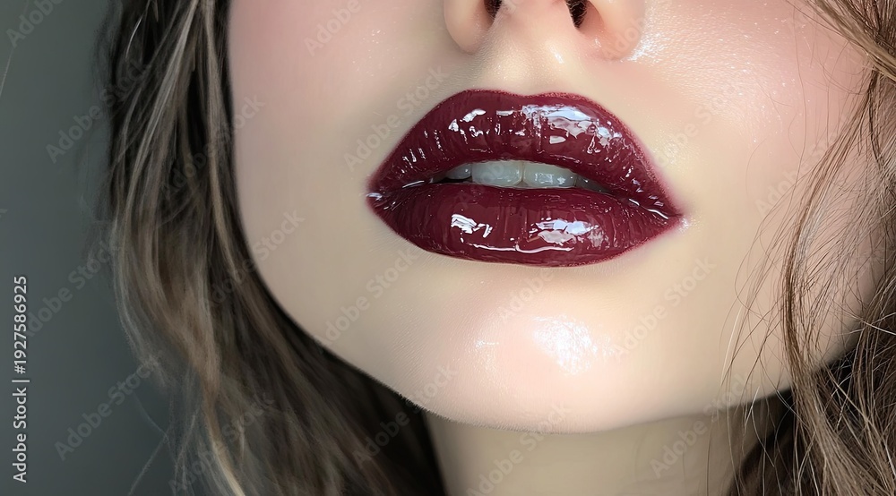 Fototapeta premium Soft close-up portrait of full glossy deep red lips on fair skin with natural lighting highlighting the shine and smooth texture