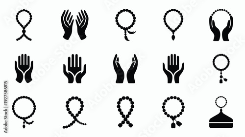 Set of black vector icons featuring hands and rosary beads on a white background for prayer spirituality and faith concepts