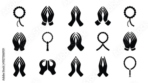 Praying hands and rosary beads icons set in black on white background for meditation and prayer concepts