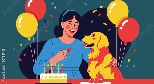Woman celebrating dog birthday with cake and balloons vector