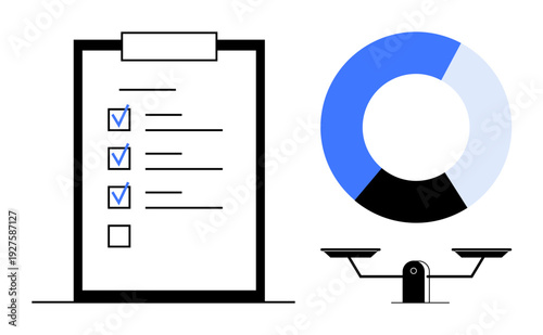 Decision making, data analysis, business planning, prioritization, organization, productivity. A checklist, pie chart and balance scale. Data analysis and decision-making concept