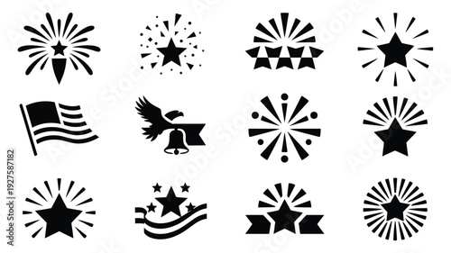 Collection of 12 black patriotic silhouettes including stars fireworks eagle and american flag on white background for independence day festive and celebratory designs