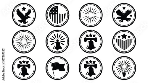 Collection of 12 vintage independence day icons featuring american symbols and patriotic emblems in black and white