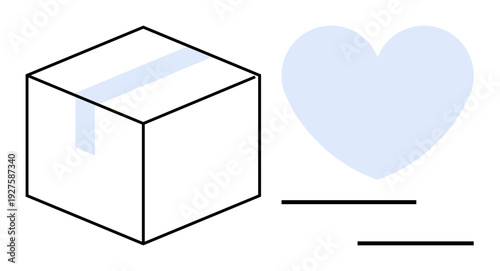 Box with tape and heart shape combining logistics, care, and recipient focus. Ideal for e-commerce, shipping, customer service, charity, connection giving thoughtful delivery. Simple flat metaphor