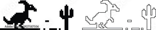 Dinosaur pixel icons set retro game style vector silhouettes and outline illustrations, prehistoric animals, desert cactus scene, isolated design element collection group